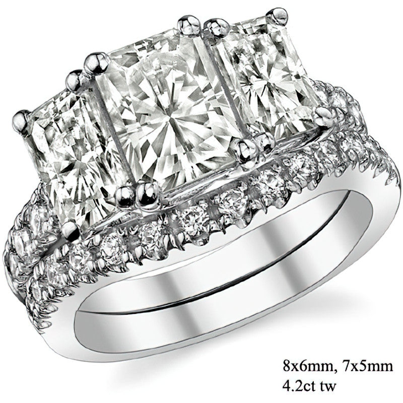 Three-Stone Radiant/Emerald Trellis Moissanite Engagement Ring
