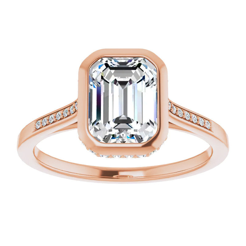 Petite Bezel Emerald cut & Diamond Moissanite Engagement Ring