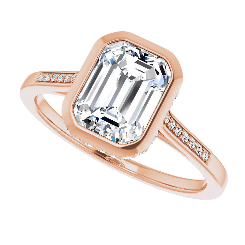 Petite Bezel Emerald cut & Diamond Moissanite Engagement Ring