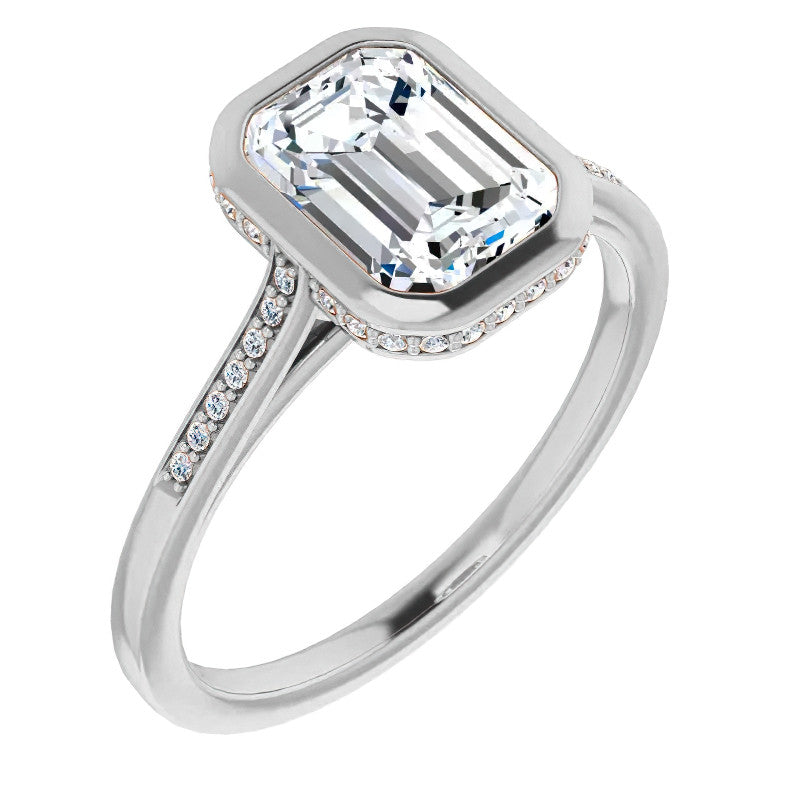 Petite Bezel Emerald cut & Diamond Moissanite Engagement Ring