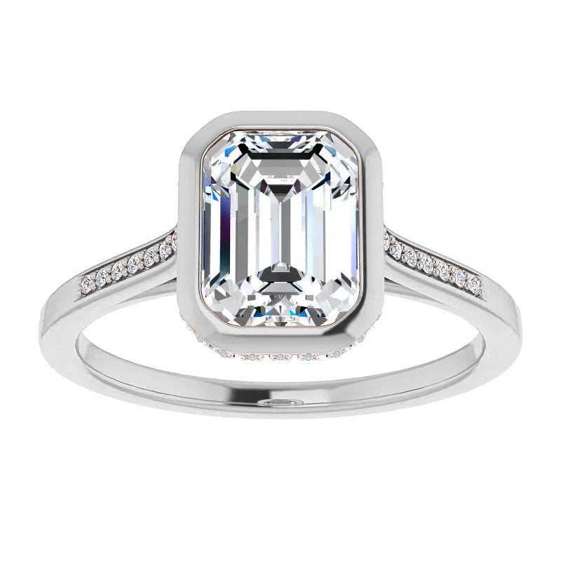 Petite Bezel Emerald cut & Diamond Moissanite Engagement Ring