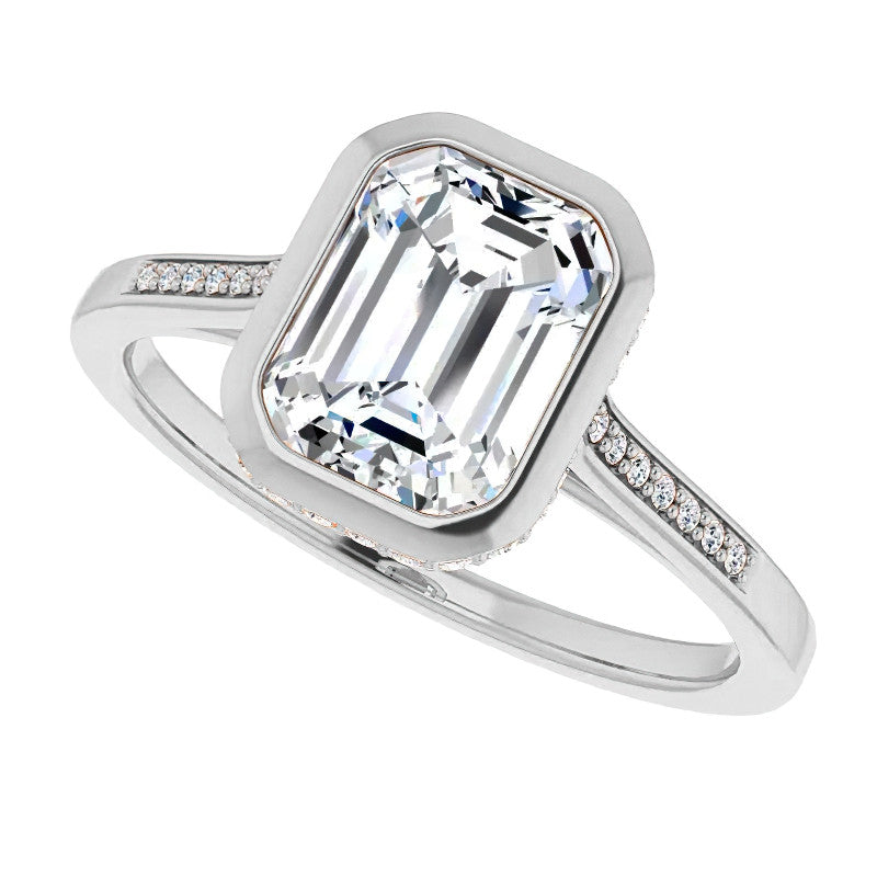 Petite Bezel Emerald cut & Diamond Moissanite Engagement Ring