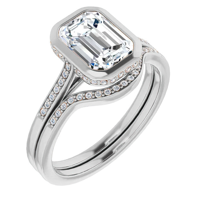 Petite Bezel Emerald cut & Diamond Moissanite Engagement Ring