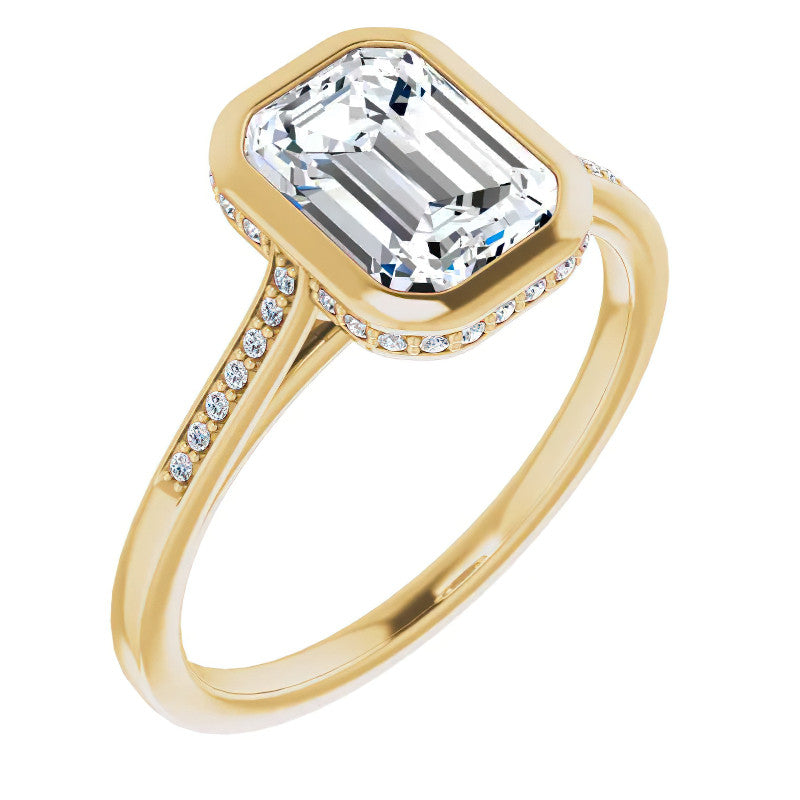 Petite Bezel Emerald cut & Diamond Moissanite Engagement Ring