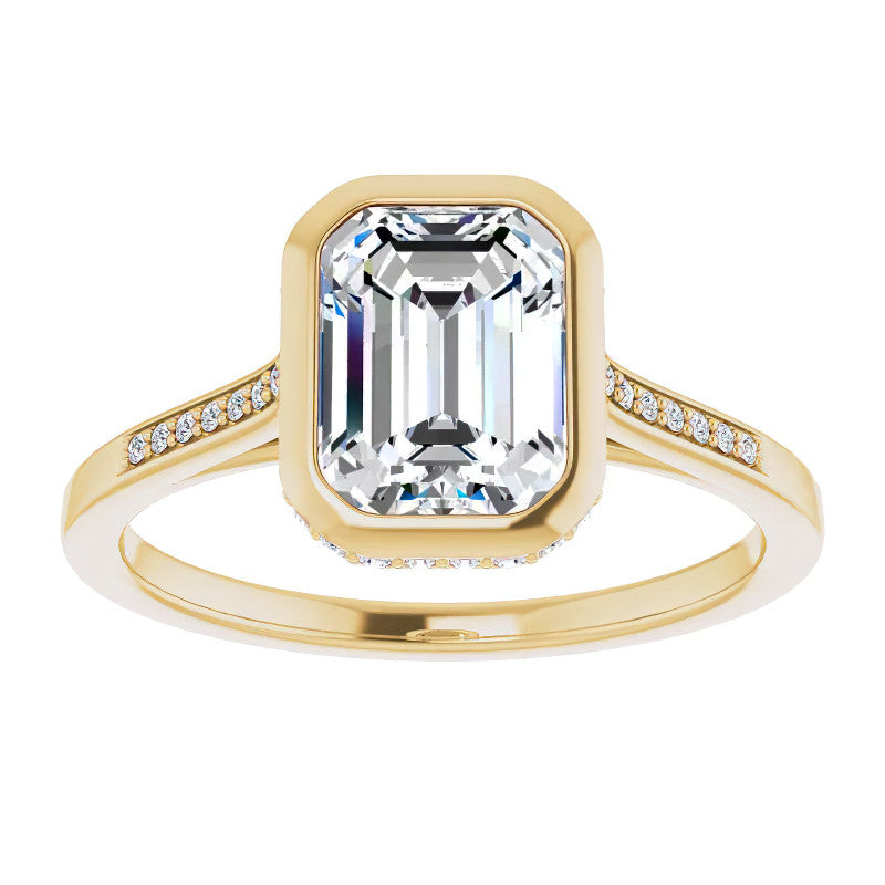 Petite Bezel Emerald cut & Diamond Moissanite Engagement Ring