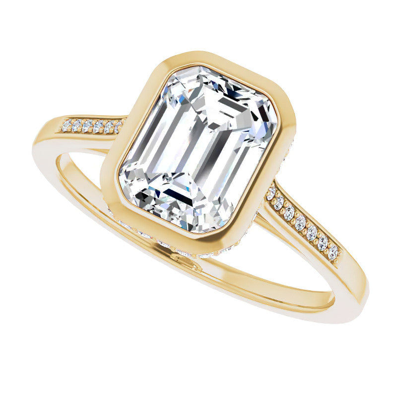 Petite Bezel Emerald cut & Diamond Moissanite Engagement Ring