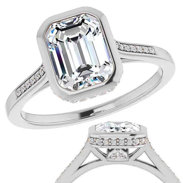 Petite Bezel Emerald cut & Diamond Moissanite Engagement Ring