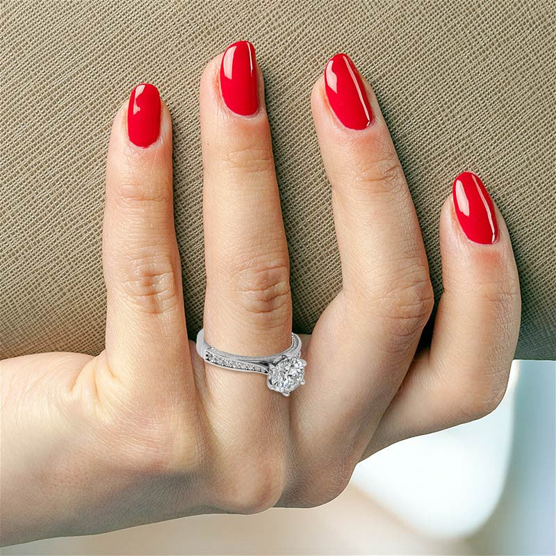 Round Scroll Milgrain Moissanite Engagement Ring