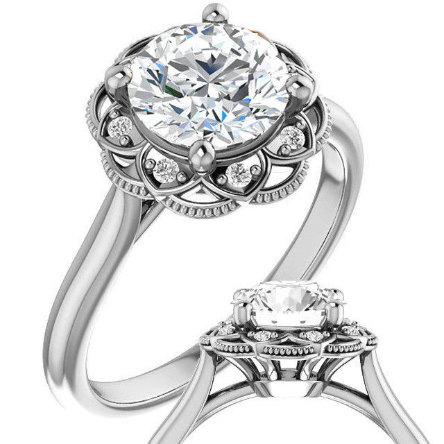 Milgrain Halo Round Brilliant cut Moissanite Engagement Ring