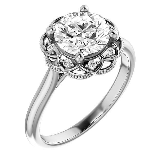 Milgrain Halo Round Brilliant cut Moissanite Engagement Ring