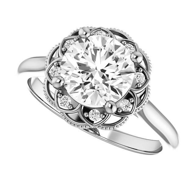 Milgrain Halo Round Brilliant cut Moissanite Engagement Ring