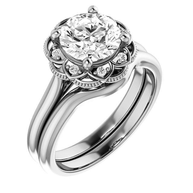 Milgrain Halo Round Brilliant cut Moissanite Engagement Ring