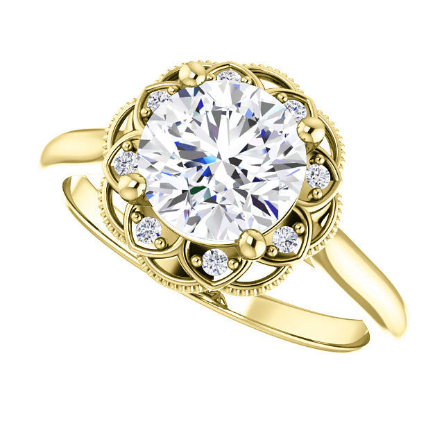 Milgrain Halo Round Brilliant cut Moissanite Engagement Ring