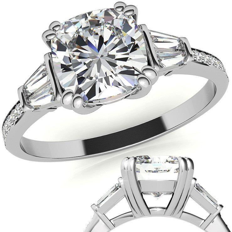 Cushion Moissanite & Diamond Baguette Engagement Ring
