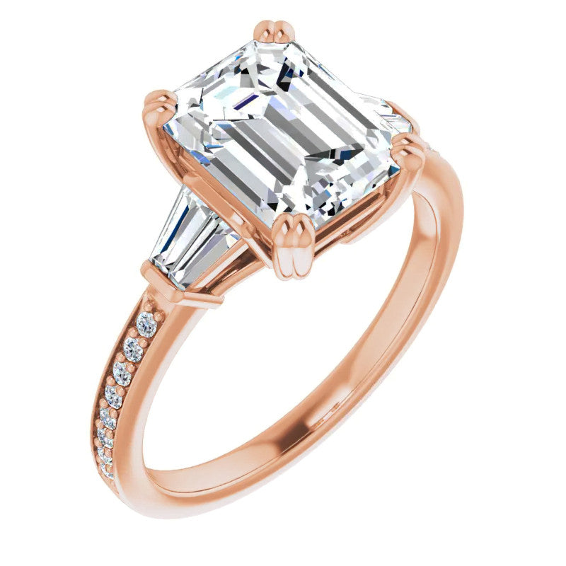 Emerald Moissanite & Baguette Diamond Engagement Ring