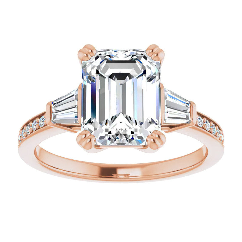 Emerald Moissanite & Baguette Diamond Engagement Ring