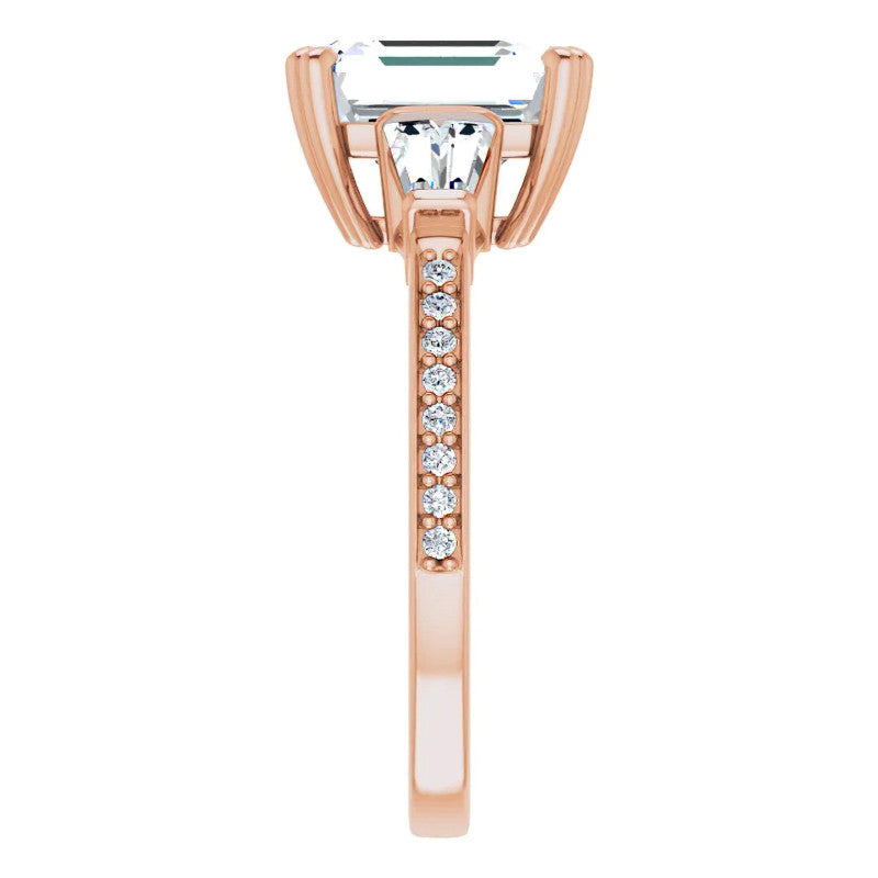 Emerald Moissanite & Baguette Diamond Engagement Ring