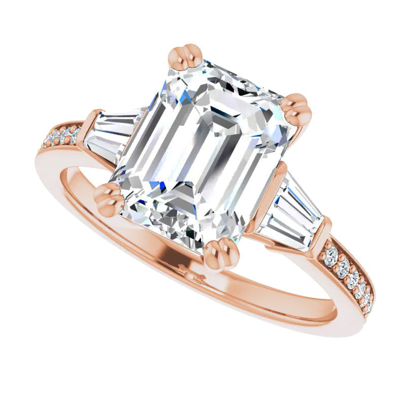 Emerald Moissanite & Baguette Diamond Engagement Ring