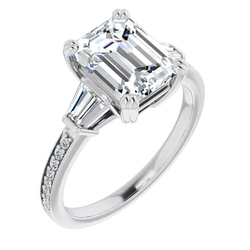 Emerald Moissanite & Baguette Diamond Engagement Ring