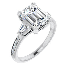 Emerald Moissanite & Baguette Diamond Engagement Ring
