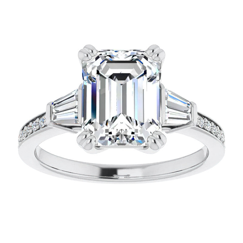 Emerald Moissanite & Baguette Diamond Engagement Ring