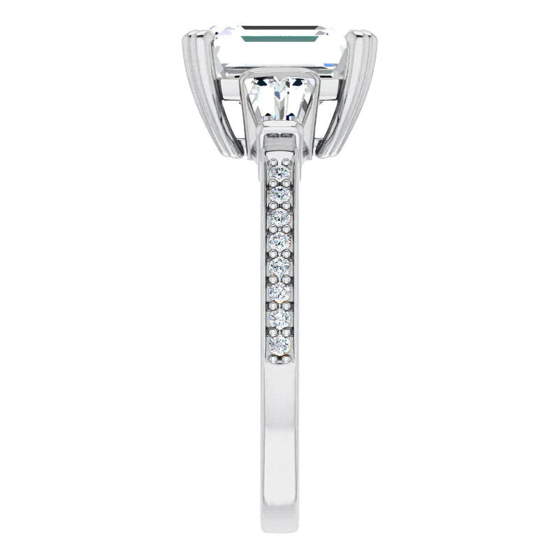 Emerald Moissanite & Baguette Diamond Engagement Ring
