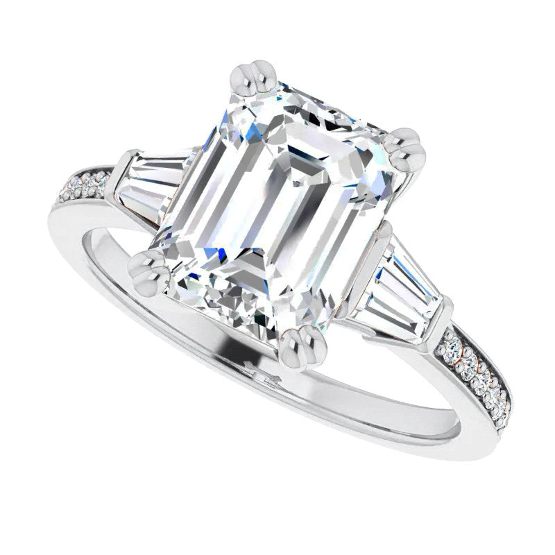 Emerald Moissanite & Baguette Diamond Engagement Ring
