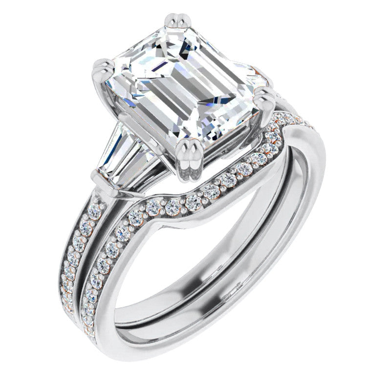 Emerald Moissanite & Baguette Diamond Engagement Ring