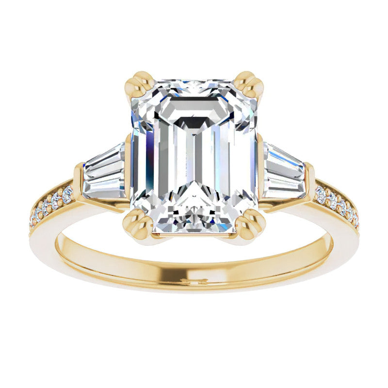 Emerald Moissanite & Baguette Diamond Engagement Ring