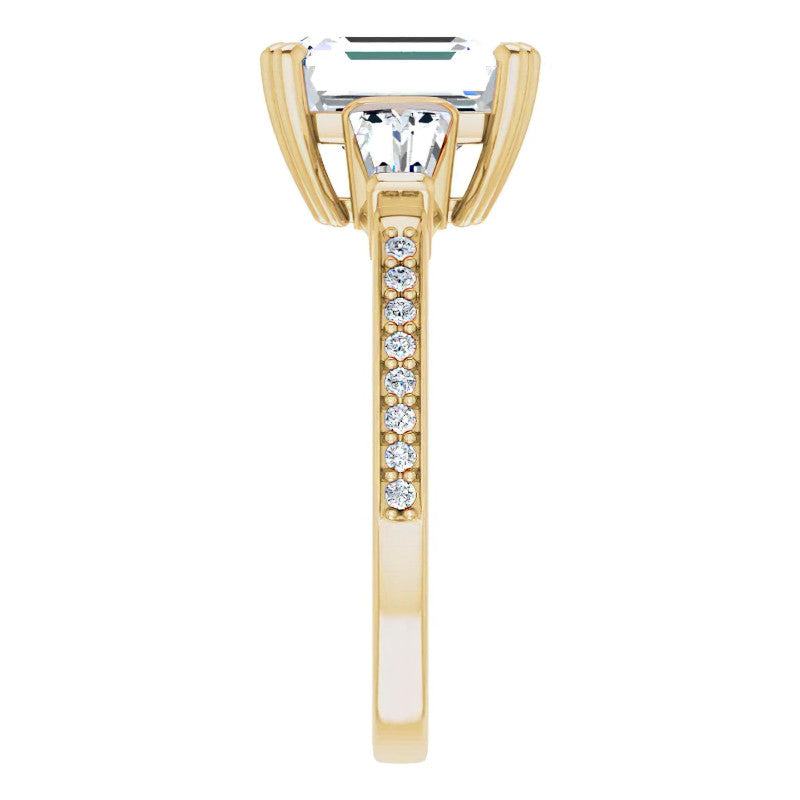 Emerald Moissanite & Baguette Diamond Engagement Ring