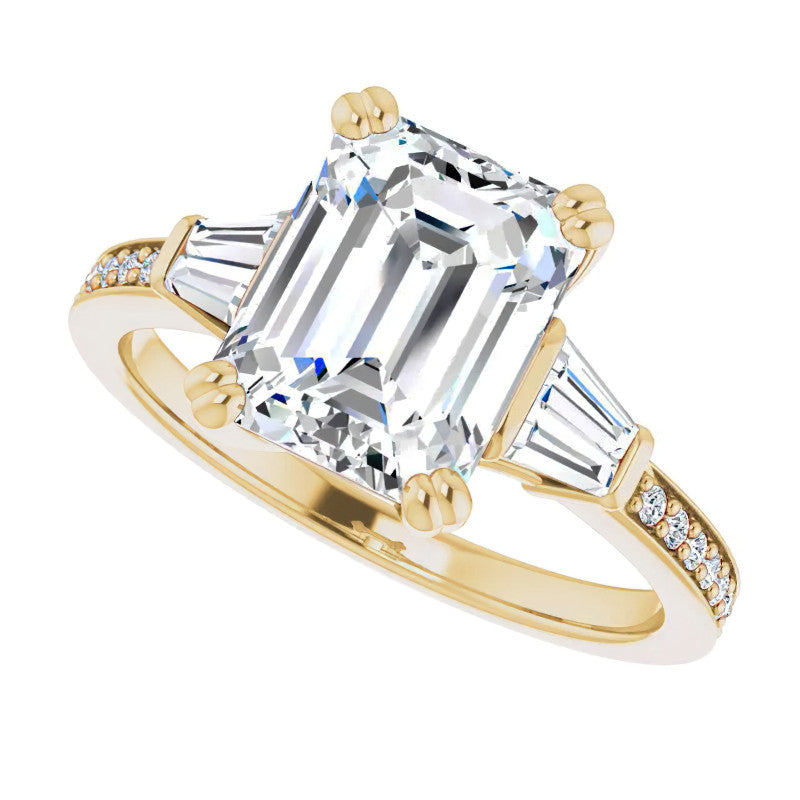 Emerald Moissanite & Baguette Diamond Engagement Ring