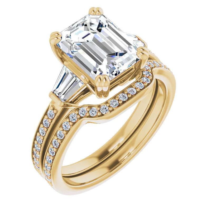 Emerald Moissanite & Baguette Diamond Engagement Ring
