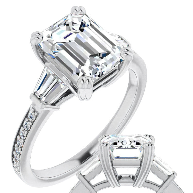 Emerald Moissanite & Baguette Diamond Engagement Ring