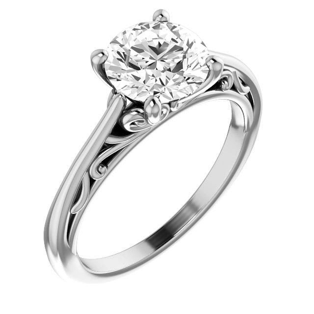 Round Brilliant Scroll Accent Cathedral Moissanite Solitaire Ring