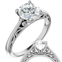 Round Brilliant Scroll Accent Cathedral Moissanite Solitaire Ring