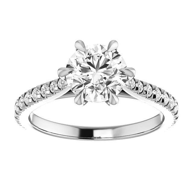 Cathedral Round Brilliant Moissanite Eng Ring with Claw Prongs