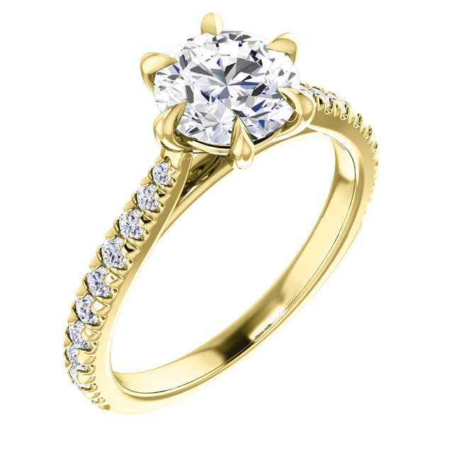 Cathedral Round Brilliant Moissanite Eng Ring with Claw Prongs