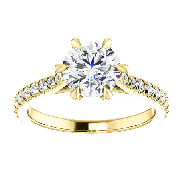 Cathedral Round Brilliant Moissanite Eng Ring with Claw Prongs