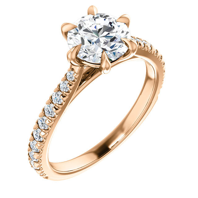 Cathedral Round Brilliant Moissanite Eng Ring with Claw Prongs