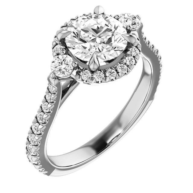 Round Brilliant Moissanite Cathedral Halo Engagement Ring with Claw Prongs