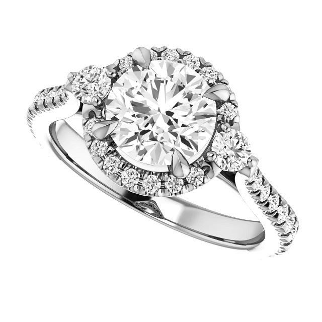 Round Brilliant Moissanite Cathedral Halo Engagement Ring with Claw Prongs