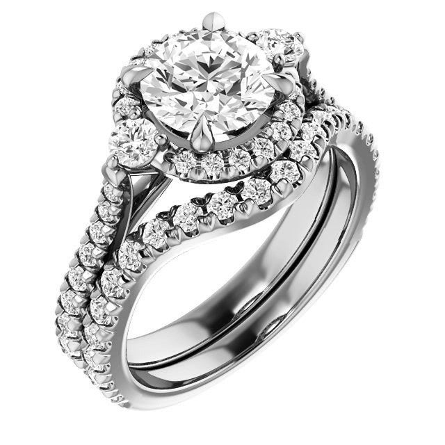 Round Brilliant Moissanite Cathedral Halo Engagement Ring with Claw Prongs