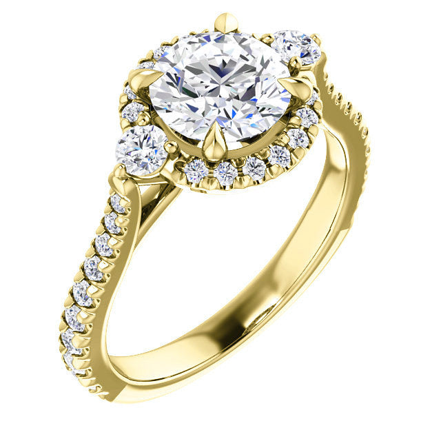 Round Brilliant Moissanite Cathedral Halo Engagement Ring with Claw Prongs