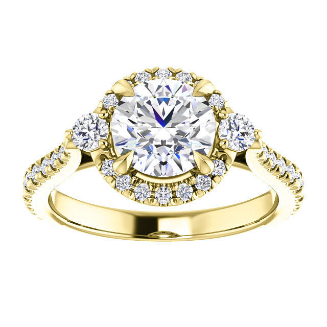 Round Brilliant Moissanite Cathedral Halo Engagement Ring with Claw Prongs
