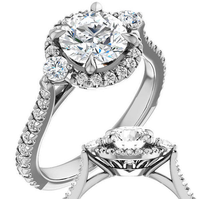 Round Brilliant Moissanite Cathedral Halo Engagement Ring with Claw Prongs