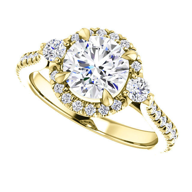 Round Brilliant Moissanite Cathedral Halo Engagement Ring with Claw Prongs