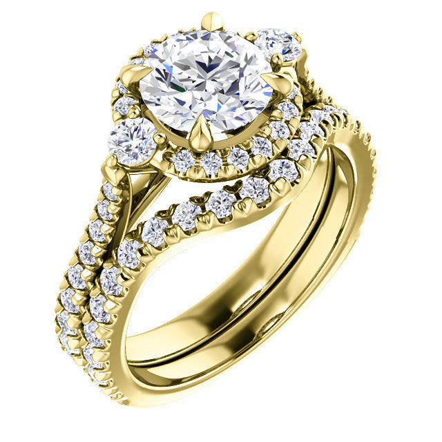 Round Brilliant Moissanite Cathedral Halo Engagement Ring with Claw Prongs