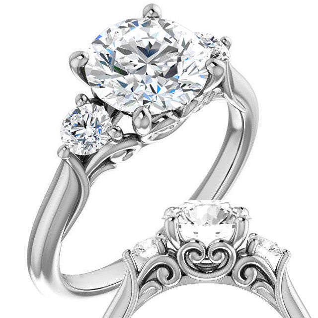 Round Brilliant Moissanite 3-Stone Ring with Scrolls