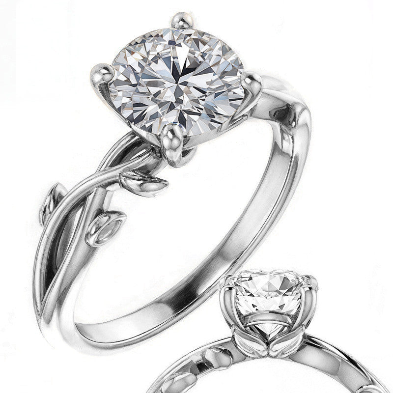 Round Brilliant Moissanite Solitaire Ring With Floral Accents