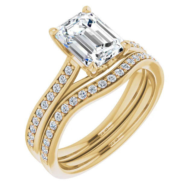 Emerald / Radiant cut Moissanite Scroll Engagement Ring
